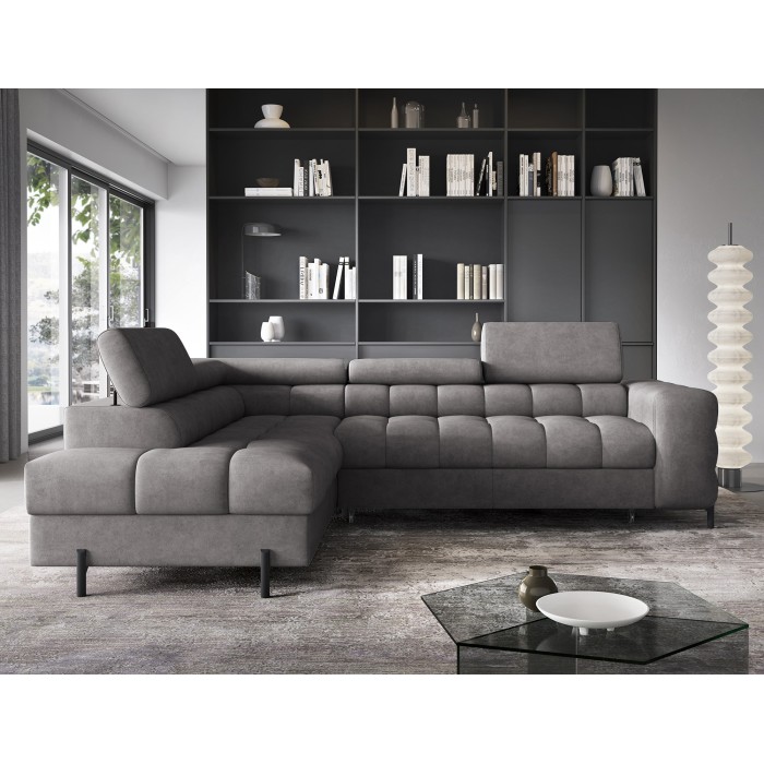 Canapé d'angle gauche FERRUM Gris avec coffre appuie-têtes réglables 276x93x200cm 