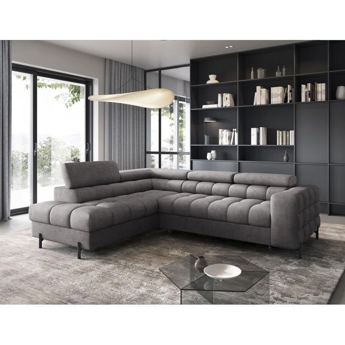 Canapé d'angle gauche FERRUM Gris avec coffre appuie-têtes réglables 276x93x200cm 