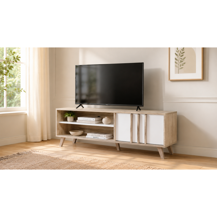 Meuble TV MALMO chêne clair et blanc mis en situation