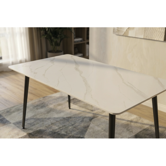 Table HEXA 120cm effet marbre blanc vue de haut rapprochée