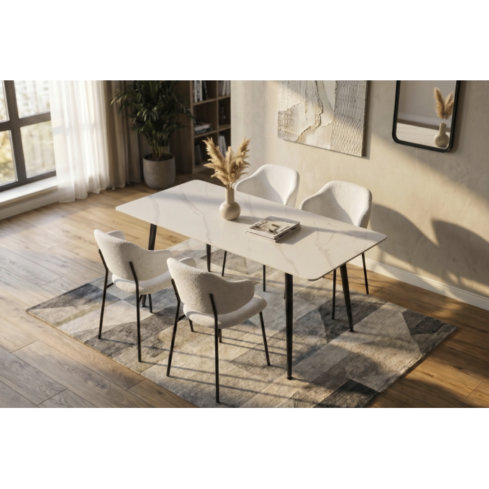 Table HEXA 140cm effet marbre blanc mise en situation