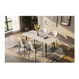 Eettafel HEXA 140 cm in wit marmer effect keramiek en zwart metaal - 6 plaatsen