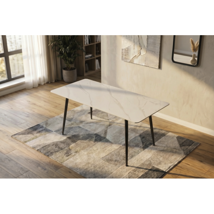 Table HEXA 140cm effet marbre blanc vue de haut