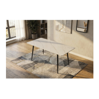 Eettafel HEXA 140 cm in wit marmer effect keramiek en zwart metaal - 6 plaatsen