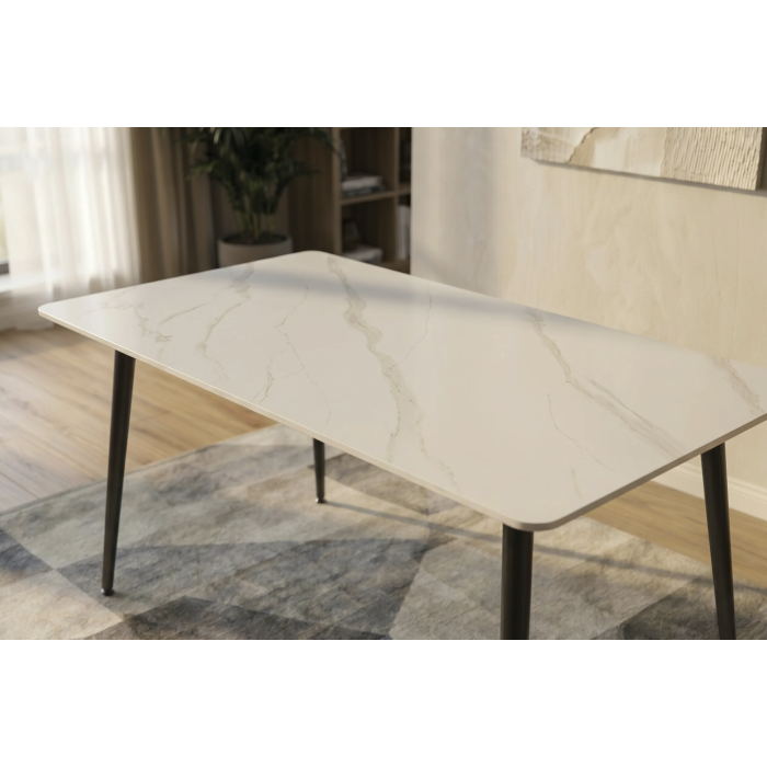 Table HEXA 140cm effet marbre blanc vue de haut rapprochée