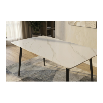 Eettafel HEXA 140 cm in wit marmer effect keramiek en zwart metaal - 6 plaatsen