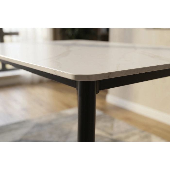 Table HEXA 140cm effet marbre blanc vue de côté