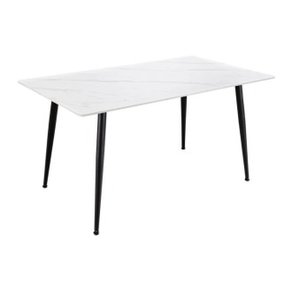 Eettafel HEXA 140 cm in wit marmer effect keramiek en zwart metaal - 6 plaatsen