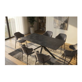 Eettafel SOLARA 160 cm in antracietgrijs keramiek met zwarte ster-voet – 6 zitplaatsen