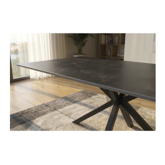 Eettafel SOLARA 160 cm in antracietgrijs keramiek met zwarte ster-voet – 6 zitplaatsen