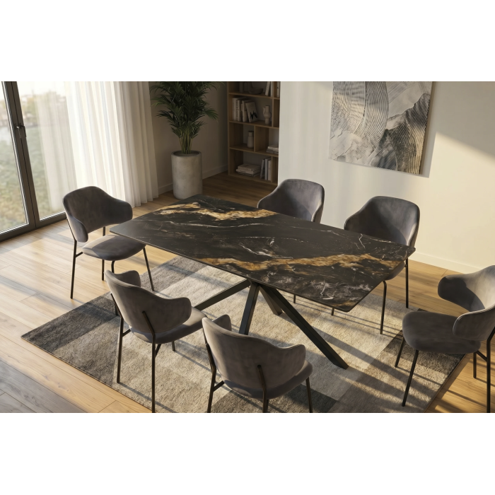 Table SOLARA 160 cm en céramique noire effet marbre sable avec pied étoile – 6 places