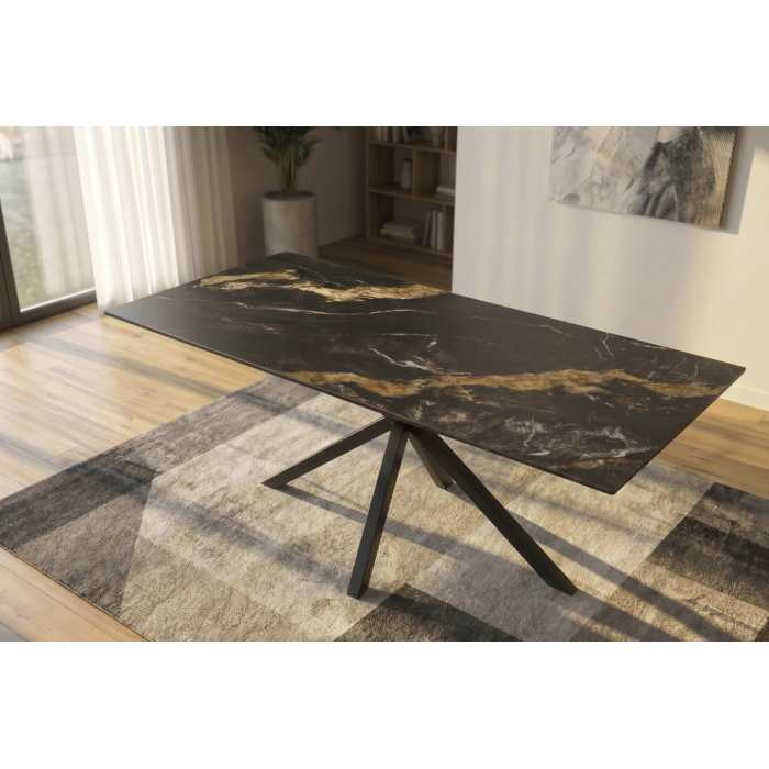 Table SOLARA 160 cm en céramique noire effet marbre sable avec pied étoile – 6 places
