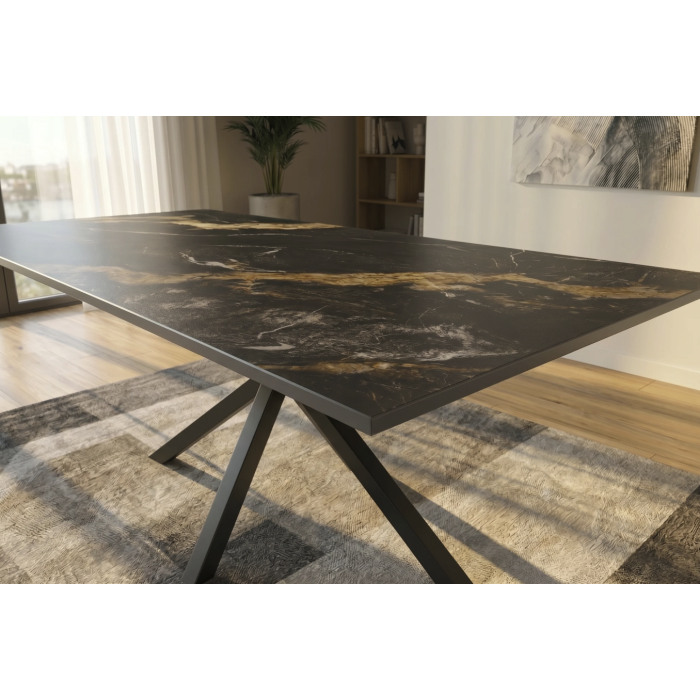 Table SOLARA 160 cm en céramique noire effet marbre sable avec pied étoile – 6 places