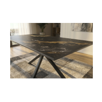 Table SOLARA 160 cm en céramique noire effet marbre sable avec pied étoile – 6 places