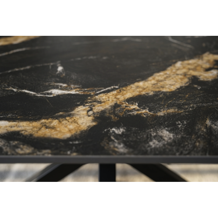 Table SOLARA 160 cm en céramique noire effet marbre sable avec pied étoile – 6 places
