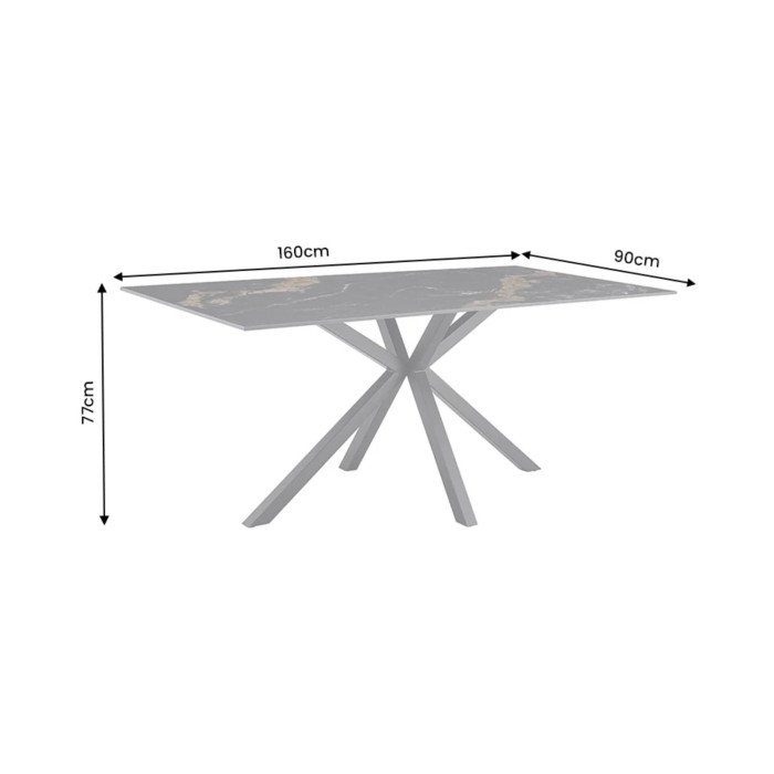 Table SOLARA 160 cm en céramique noire effet marbre sable avec pied étoile – 6 places