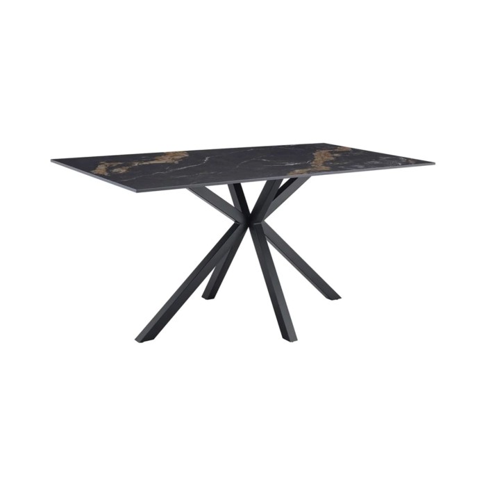 Table SOLARA 160 cm en céramique noire effet marbre sable avec pied étoile – 6 places