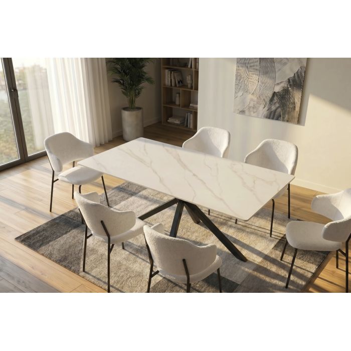 Table SOLARA 160 cm en céramique effet marbre blanc avec pied étoile noir – 6 places