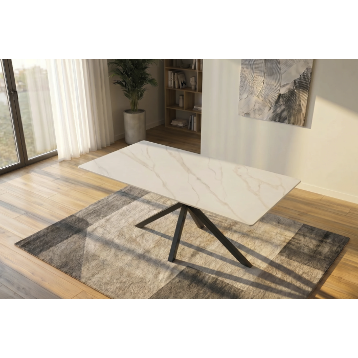 Table SOLARA 160 cm en céramique effet marbre blanc avec pied étoile noir – 6 places