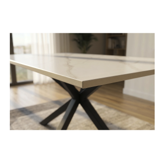Zoom sur la tranche de la table SOLARA 160cm effet marbre blanc
