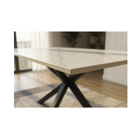 Table SOLARA 160 cm en céramique effet marbre blanc avec pied étoile noir – 6 places