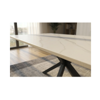 Table SOLARA 160 cm en céramique effet marbre blanc avec pied étoile noir – 6 places