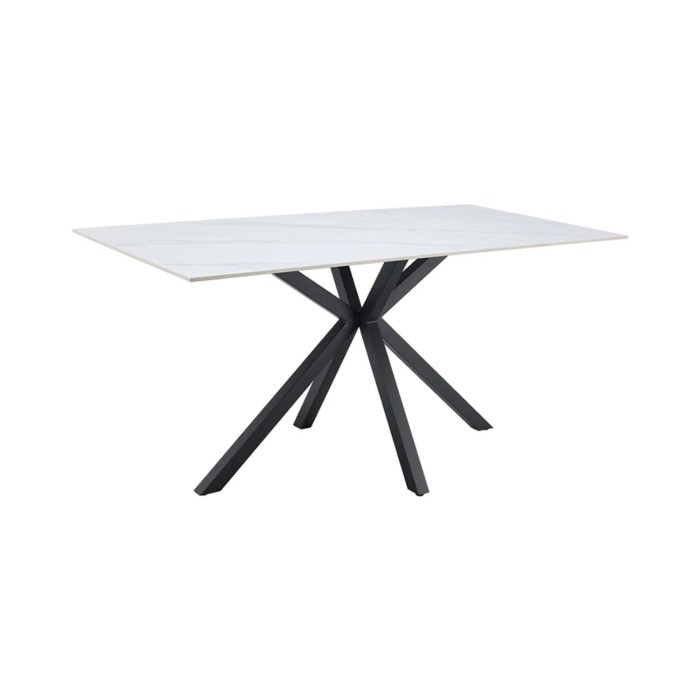 Table SOLARA 160 cm en céramique effet marbre blanc avec pied étoile noir – 6 places