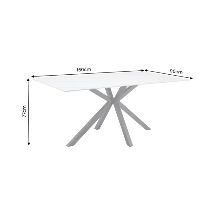 Table SOLARA 160 cm en céramique effet marbre blanc avec pied étoile noir – 6 places