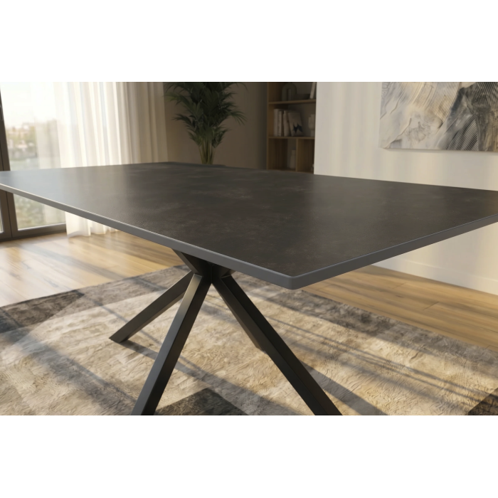 Table SOLARA 180 cm en céramique gris anthracite avec pied étoile noir – 8 places