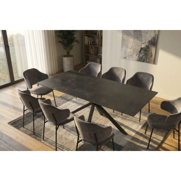 Table SOLARA 180 cm en céramique gris anthracite avec pied étoile noir – 8 places