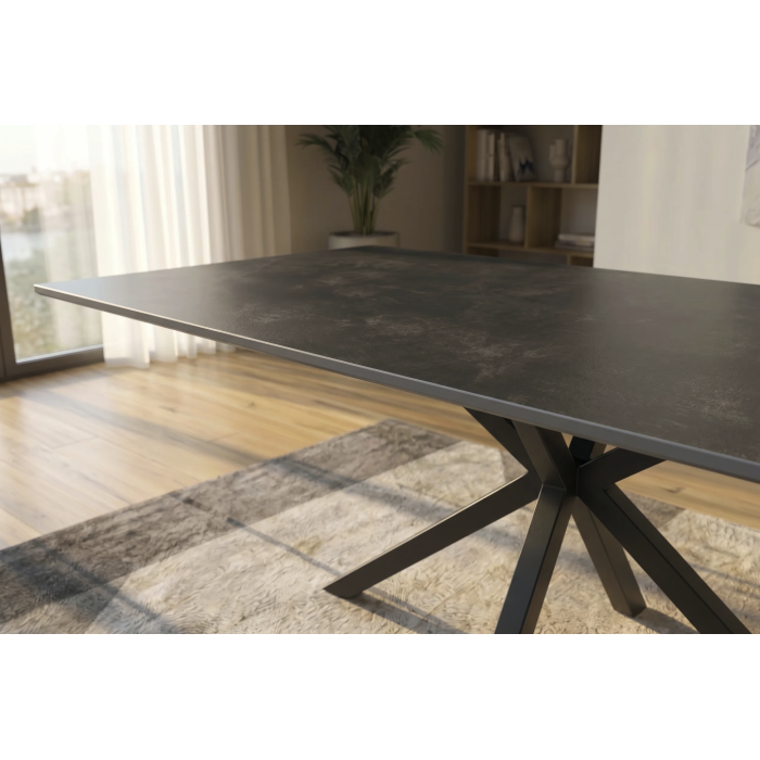 Table SOLARA 180 cm en céramique gris anthracite avec pied étoile noir – 8 places