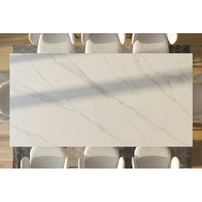 Table SOLARA 180 cm en céramique effet marbre blanc avec pied étoile noir – 8 places