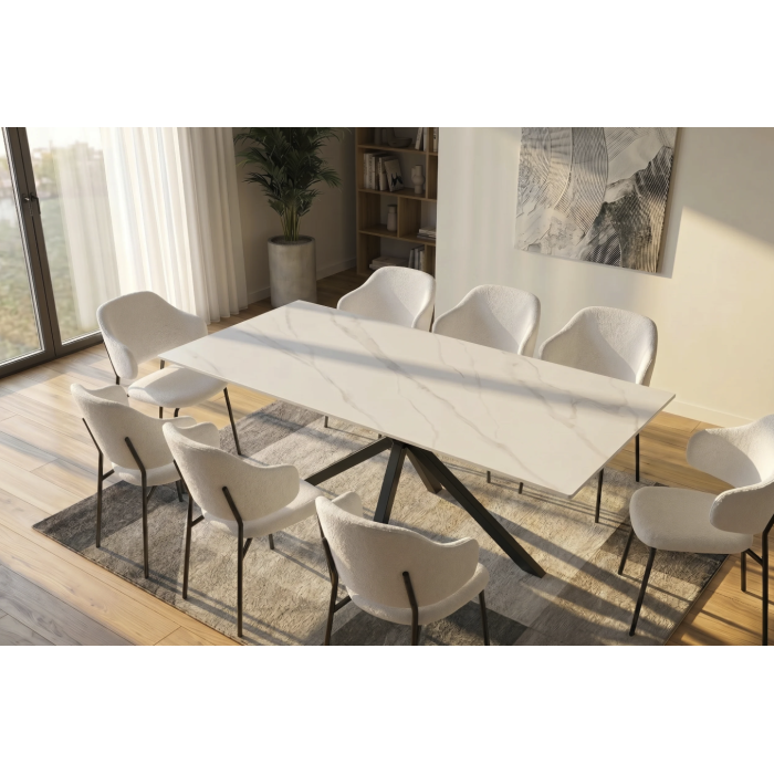 Table SOLARA 180 cm en céramique effet marbre blanc avec pied étoile noir – 8 places