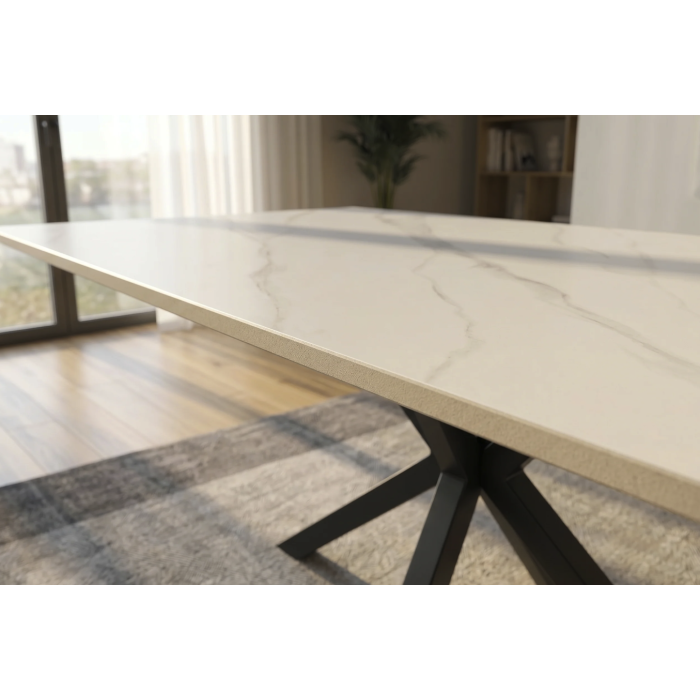 Table SOLARA 180 cm en céramique effet marbre blanc avec pied étoile noir – 8 places