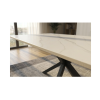 Table SOLARA 180 cm en céramique effet marbre blanc avec pied étoile noir – 8 places