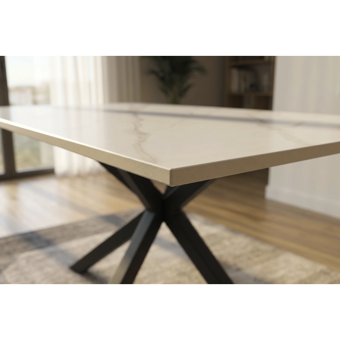 Table SOLARA 180 cm en céramique effet marbre blanc avec pied étoile noir – 8 places