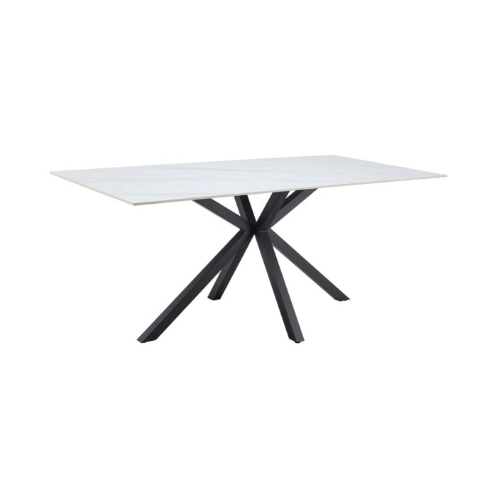 Table SOLARA 180 cm en céramique effet marbre blanc avec pied étoile noir – 8 places