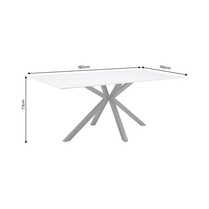 Table SOLARA 180 cm en céramique effet marbre blanc avec pied étoile noir – 8 places