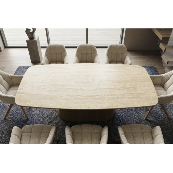 Table de salle à manger LUMEA 200 cm en céramique blanc avec pied central aspect bois  – 8 places