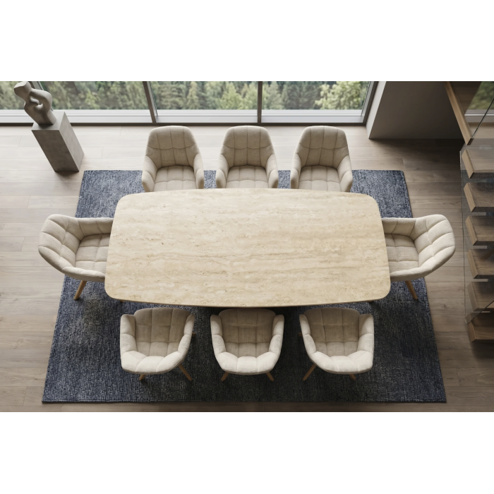 Table de salle à manger LUMEA 200 cm en céramique blanc avec pied central aspect bois  – 8 places