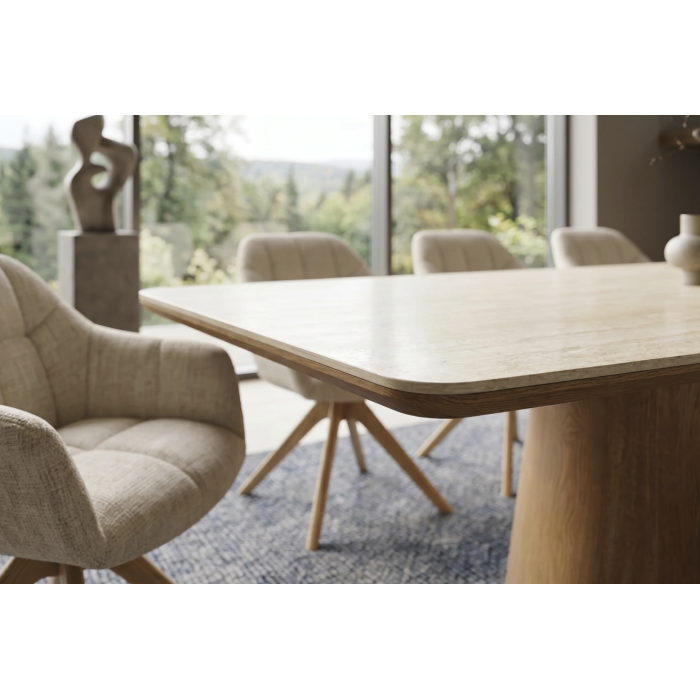 Table de salle à manger LUMEA 200 cm en céramique blanc avec pied central aspect bois  – 8 places