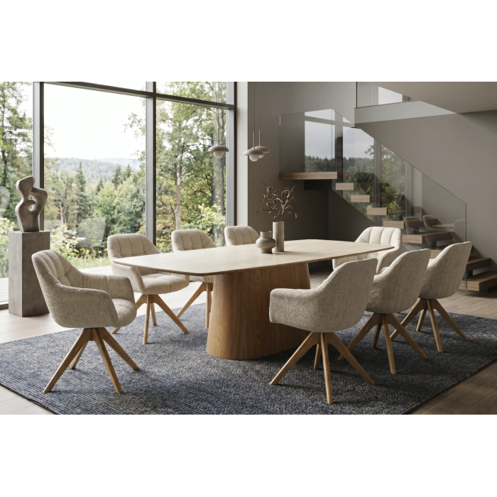 Table de salle à manger LUMEA 200 cm en céramique blanc avec pied central aspect bois  – 8 places