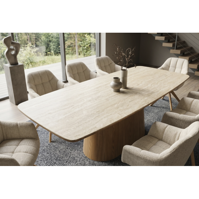 Table de salle à manger LUMEA 200 cm en céramique blanc avec pied central aspect bois  – 8 places