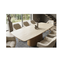 Table de salle à manger LUMEA 200 cm en céramique blanc avec pied central aspect bois  – 8 places