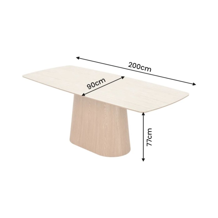 Table de salle à manger LUMEA 200 cm en céramique blanc avec pied central aspect bois  – 8 places