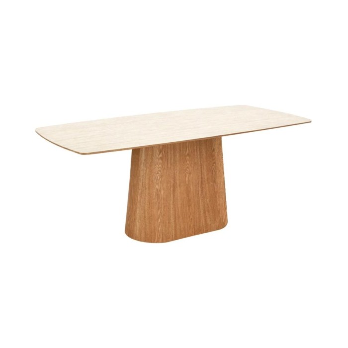 Table de salle à manger LUMEA 200 cm en céramique blanc avec pied central aspect bois  – 8 places