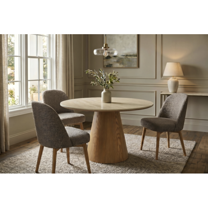Table de salle à manger ronde LUMEA 120 cm en céramique beige avec pied central aspect bois – 4 places