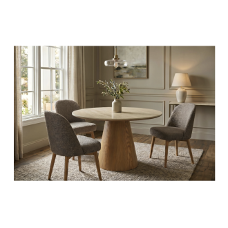 Runder Esstisch LUMEA 120 cm in Beige Keramik mit zentralem Holzoptik-Fuß – 4 Sitzplätze