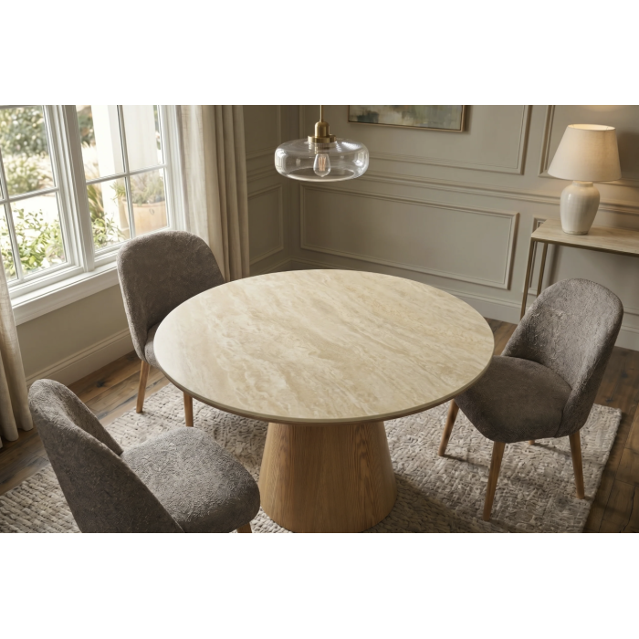 Table de salle à manger ronde LUMEA 120 cm en céramique beige avec pied central aspect bois – 4 places