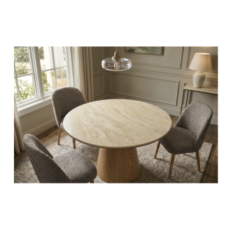 Runder Esstisch LUMEA 120 cm in Beige Keramik mit zentralem Holzoptik-Fuß – 4 Sitzplätze